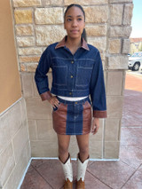 Denim Contrast Jacket- Blue Brown Denim Contrast Jacket- Blue Brown