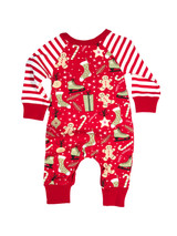 Tesa Babe newborn Christmas onesie with red holiday print, gingerbread cookies, candy canes, striped sleeves, and snap closures.