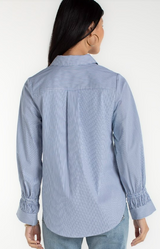 Adjustable Sleeve Button Front Top- Blue/White Stripe
