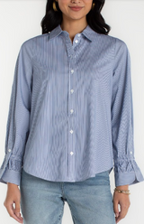 Adjustable Sleeve Button Front Top- Blue/White Stripe