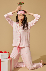 Happy Hour Wine Glass Print 3-Piece PJ Set- Light Pink