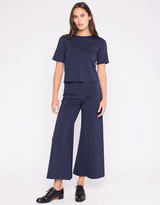 Ponte Knit Short Sleeve Extended Top- Navy