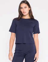 Ponte Knit Short Sleeve Extended Top- Navy