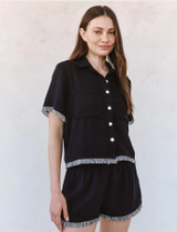 Short Sleeve Fray Trim Shirt - Black