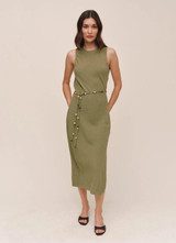 Bias Midi Dress With Beaded Belt - Olive Leaf