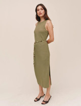 Bias Midi Dress With Beaded Belt - Olive Leaf