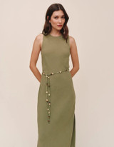 Bias Midi Dress With Beaded Belt - Olive Leaf