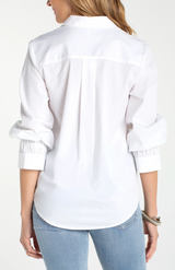 Adjustable Sleeve Button Front Woven Top- White