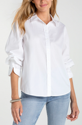Adjustable Sleeve Button Front Woven Top- White