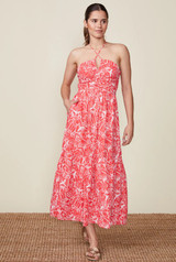 Printed Cinch Front Halter Dress - Red/White