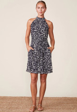 Printed Mesh Halter Mini Dress - Black/Natural