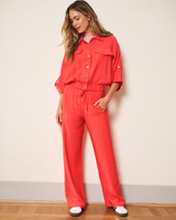 Wide Elastic Waist Slub Trouser- Chili Red