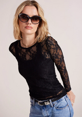 Slim Long Sleeve Lace Tee- Black