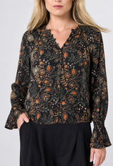 Long Sleeve Blouse w/ Pintucks- Black/ Rust Multi