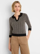 Lace Trim Geo Stitch Sweater- Black Multi