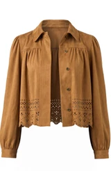 Puff Sleeve Jacket W/ Laser Cut Hem - Caramel