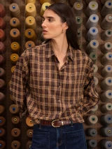 Avery Beaded Crop Shirt- Toffee Plaid