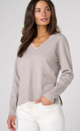 Liverpool V-neck Long Sleeve Sweater W/ Lace - Soft Grey Heather
