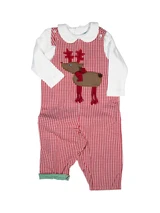 Bailey Boys Prancer Christmas longall in red and white gingham with reindeer appliqué, red scarf, and green gingham cuff accents, size 12 months.