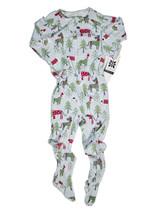 Sweet Bamboo Winter Woodland footed pajamas in light blue with festive animals, evergreen trees, full-length zipper, and non-slip foot grips.