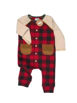 Mud Pie boys one-piece romper with red and black buffalo plaid, cream waffle-knit sleeves, tan front pockets, decorative buttons, and green neckline trim.