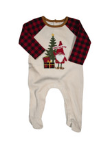 Mud Pie infant boys Christmas footed romper with cream waffle-knit body, red and black buffalo plaid sleeves, elf and Christmas tree appliqué, size 0-3 months.