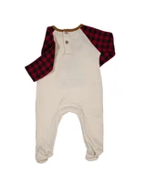 Mud Pie infant boys Christmas footed romper with cream waffle-knit body, red and black buffalo plaid sleeves, elf and Christmas tree appliqué, size 0-3 months.