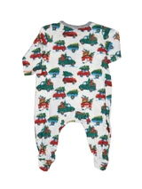 Mud Pie Christmas footed baby onesie size 0-3 months featuring red cars and green pickup trucks carrying Christmas trees and presents on a white background.