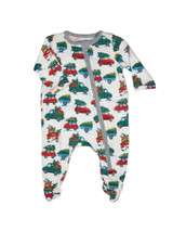 Mud Pie Christmas footed baby onesie size 0-3 months featuring red cars and green pickup trucks carrying Christmas trees and presents on a white background.