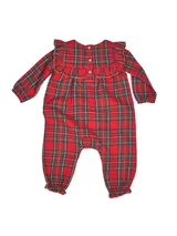 Mud Pie girls Christmas romper in red, green, and navy tartan plaid with embroidered floral neckline, shoulder ruffles, long sleeves, and gathered ankle cuffs.