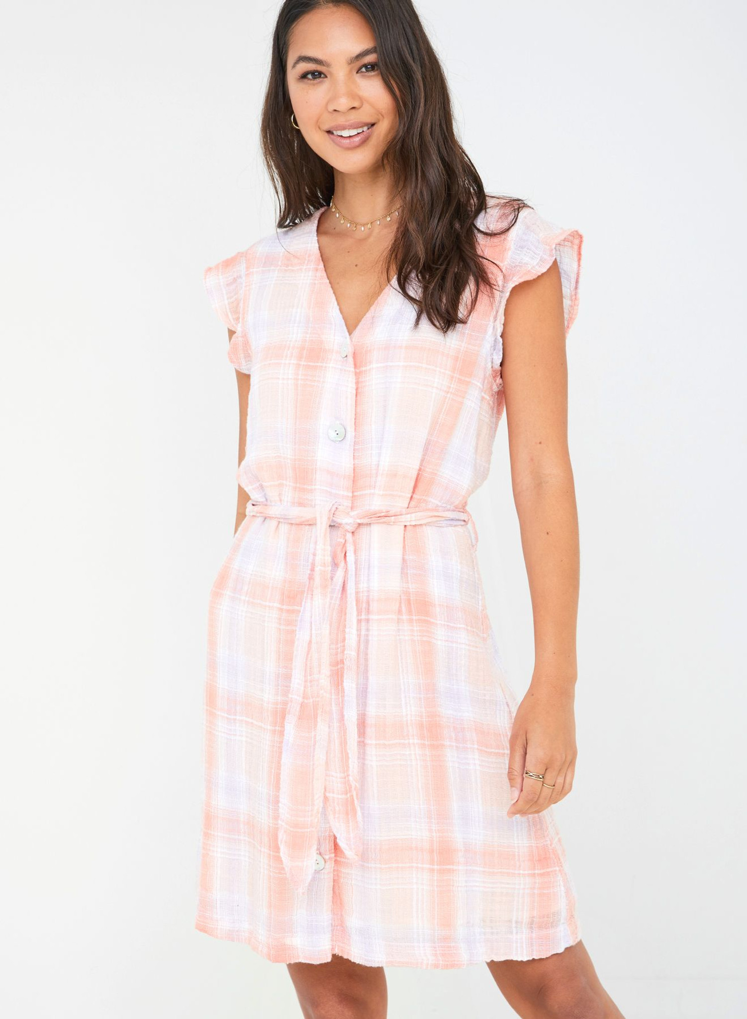 Bella Dahl Button Front Ruffle Sleeve Dress Coral Plaid