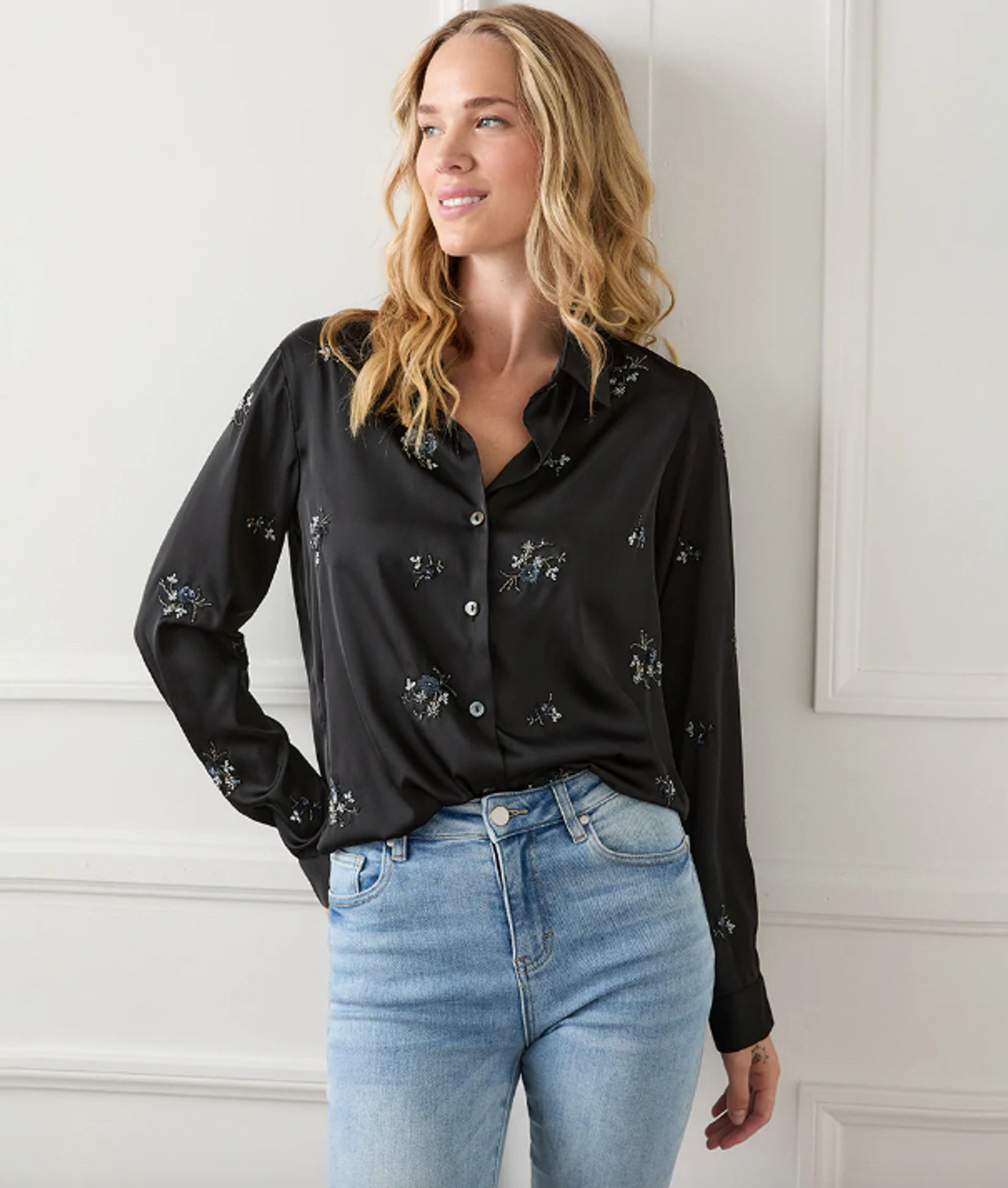Karen Kane Embellished Button Up Shirt - Black