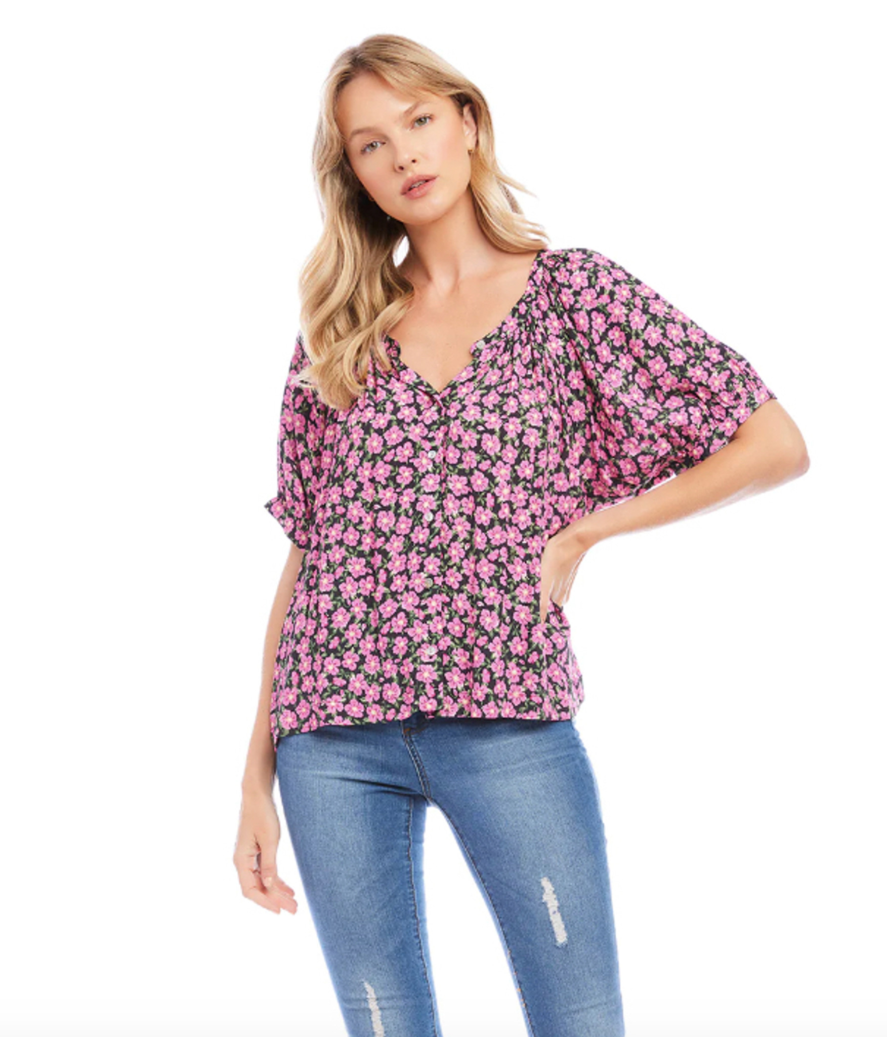 Karen Kane Short Sleeve Peasant Blouse - Floral Print