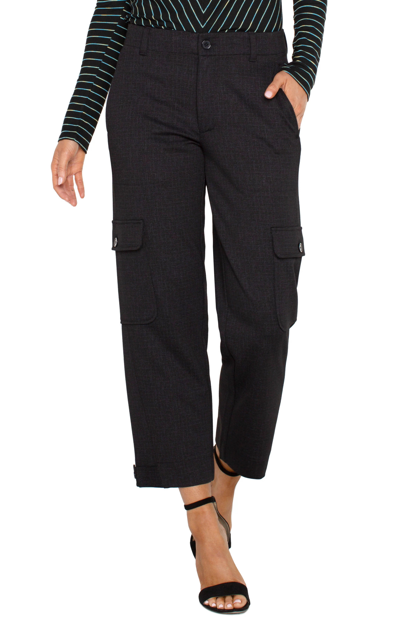 Liverpool Los Angeles Utility Cargo Crop w/ Tab Hem - Black Crosshatch