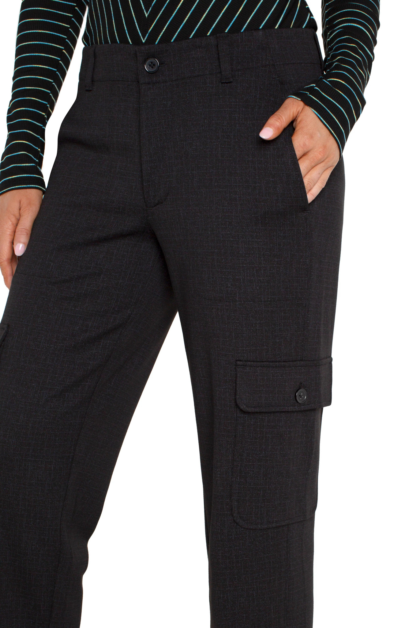 Liverpool Los Angeles Utility Cargo Crop w/ Tab Hem - Black Crosshatch