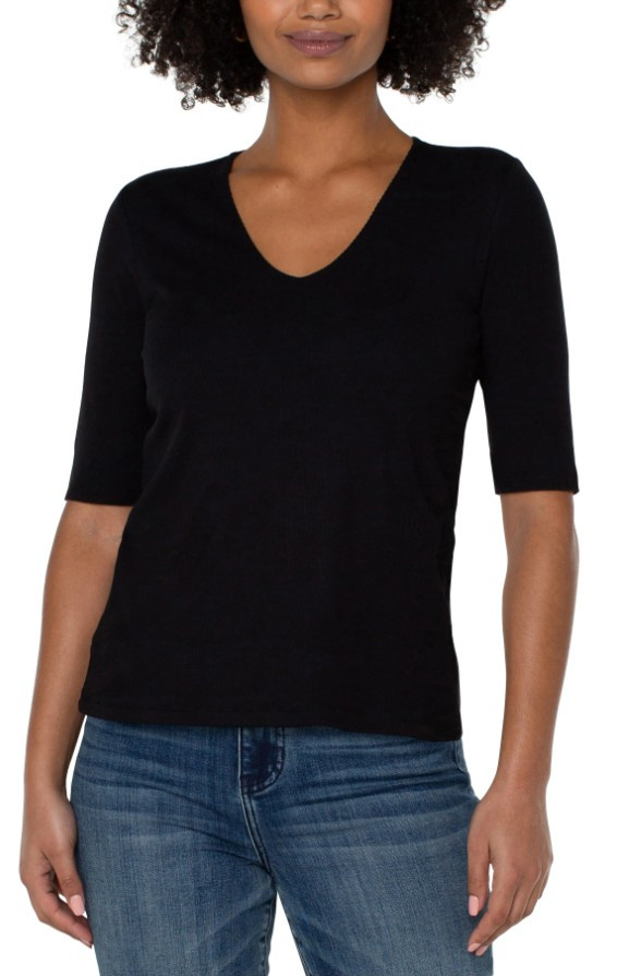 Liverpool Los Angeles Double Layer V Neck 1/2 Sleeve Rib Knit Top