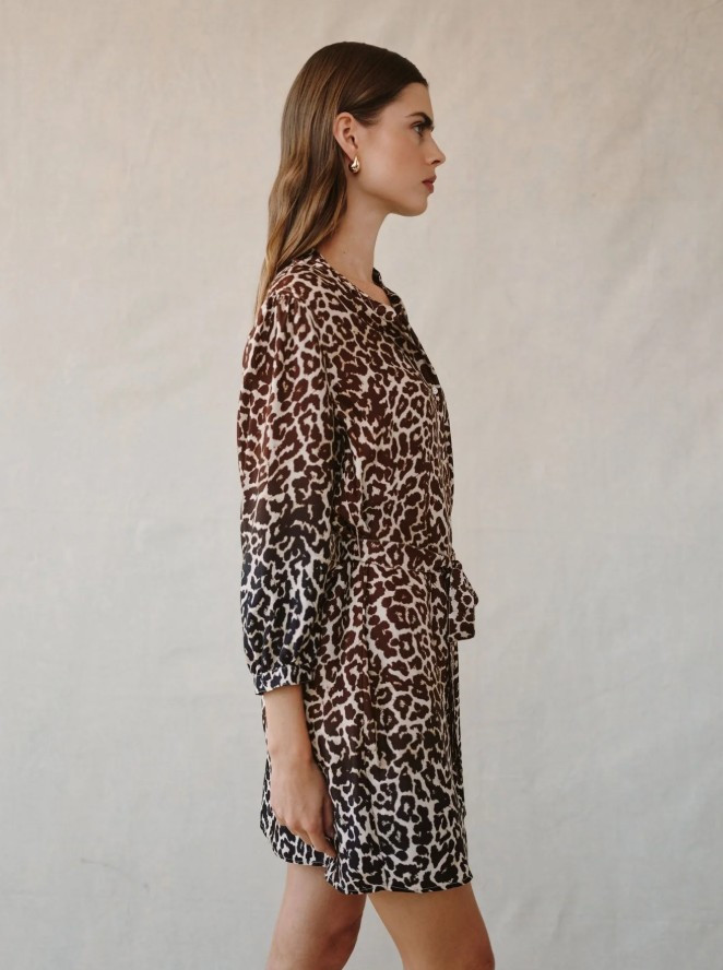 Puff Sleeve Belted Shirt Dress- Ombre Leopard Print Puff Sleeve Belted Shirt Dress- Ombre Leopard Print
