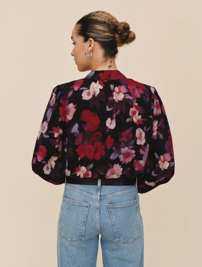 Bella Dahl Shirred Button Up Blouse- Berry Bloom Print