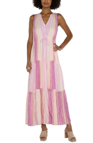 Sleeveless Tiered Maxi Dress - Lavender Multi Stripe