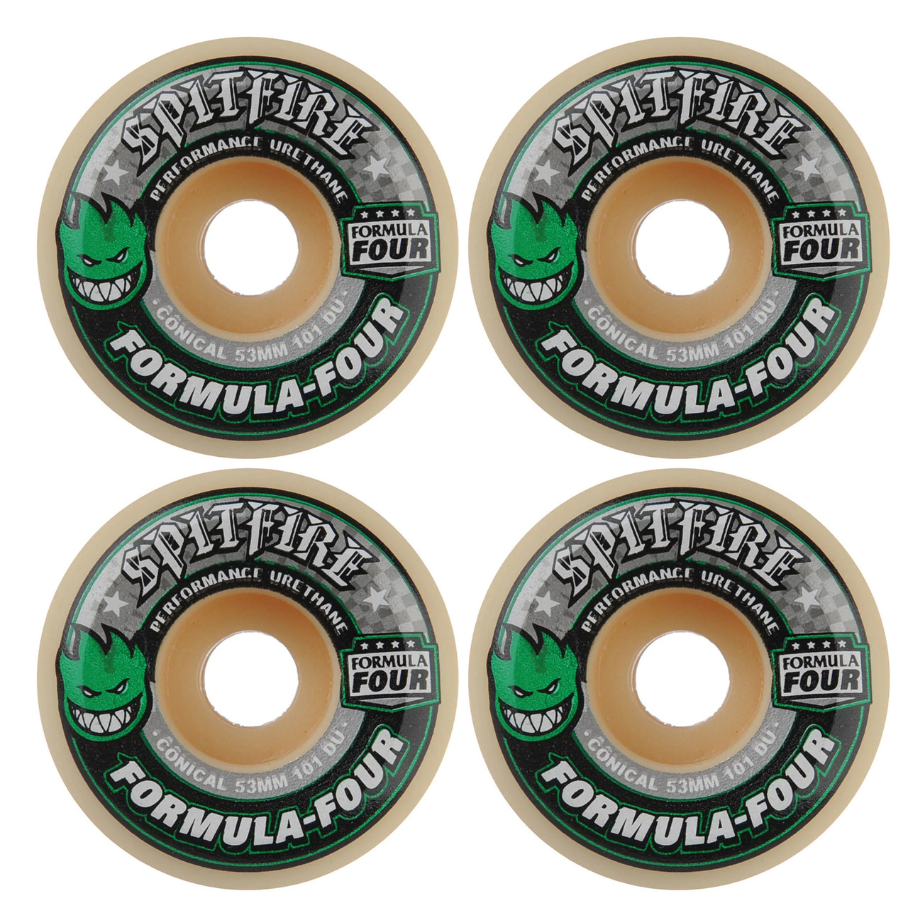 Spitfire Skateboard Wheels 53mm F4 101A Conical (Green Print) Natural