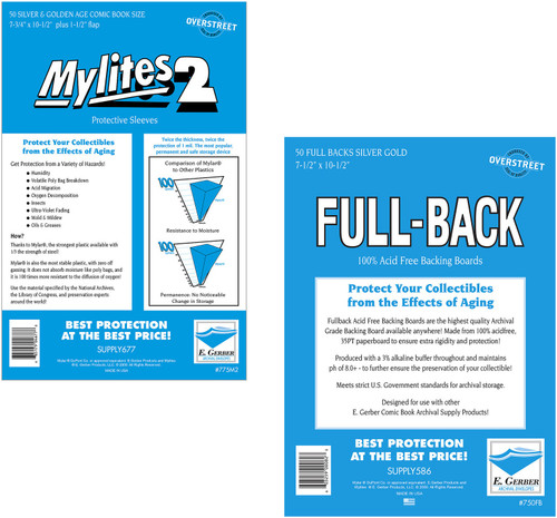 E. Gerber 50 Mylites2 Silver/Gold Mylar Bags with 35pt Full Backing Boards - E. Gerber Comic Book Protection (775M2/750FB)