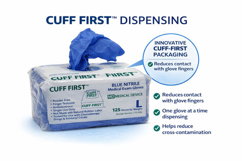 Cuff First™ Blue Nitrile Exam Gloves – Powder-Free, Latex-Free Disposable Gloves – Case of 2000 (16 Resealable Poly Bags)