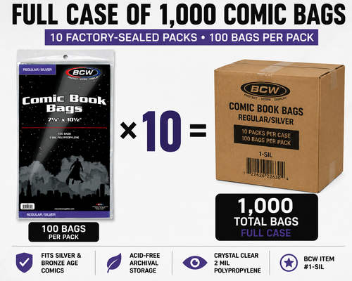 BCW Silver Comic Bags Case of 1,000 (10 Packs of 100) Archival Comic Book Sleeves for Silver & Bronze Age Comics