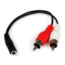 MUFMRCA 6in Stereo Audio Cable - 3.5mm Female to 2x RCA Male Connect your computer or audio device (iPod , MP3 Player, etc.) to a stereo with standard RCA cables.