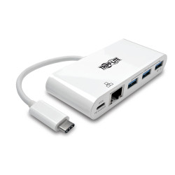 Tripp Lite U460-003-3AG-C 3-Port USB 3.2 Gen 1 Hub with LAN Port and Power Delivery, USB-C to 3x USB-A Ports and Gigabit Ethernet - White