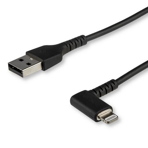 StarTech.com Câble USB-A vers Lightning Noir Robuste 1m Coudé à 90° - Câble de Charge/Synchronisation USB Type A vers Lightning en Fibre Aramide Robuste et Résistante - Certifié Apple MFi - iPhone - RUSBLTMM1MBR