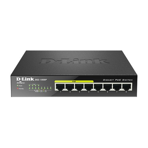 D-Link  commutateur réseau Non-géré Gigabit Ethernet (10/100/1000) Connexion Ethernet, supportant l'alimentation via ce port (PoE) Noir - DGS-1008P
