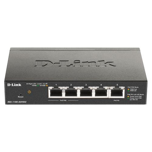 D-Link  commutateur réseau Géré Gigabit Ethernet (10/100/1000) Connexion Ethernet, supportant l'alimentation via ce port (PoE) Noir - DGS-1100-05PDV2