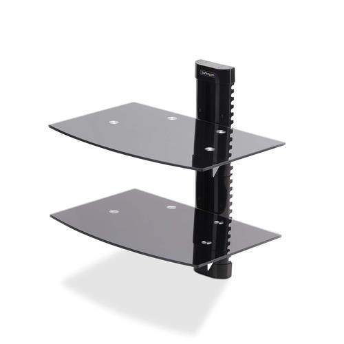StarTech.com Double Étagère AV Murale Flottante, Support à Hauteur Ajustable pour Sous Télévision, Support Mural pour TV, Organiser l'Équipement A/V sur l'Étagère en Verre Trempé Noir - 2B-WALL-MOUNT-SHELF