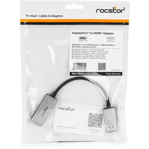 Rocstor  câble vidéo et adaptateur DisplayPort HDMI Type A (Standard) Gris, Argent - Y10A315-S1